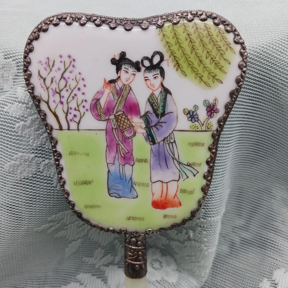 Chinese Handheld Jade Handle Mirror Antique 1920s Porcelain with metal repoussé